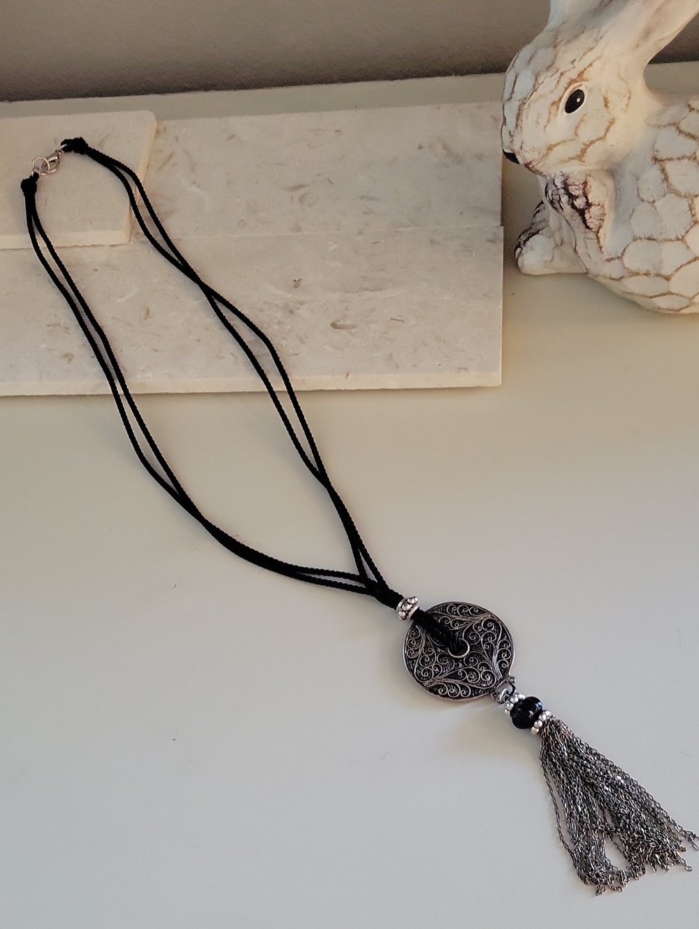 Coldwater Creek DarkSilver-Tone Filigree Disc Tassel Necklace -Bollo Black Cord